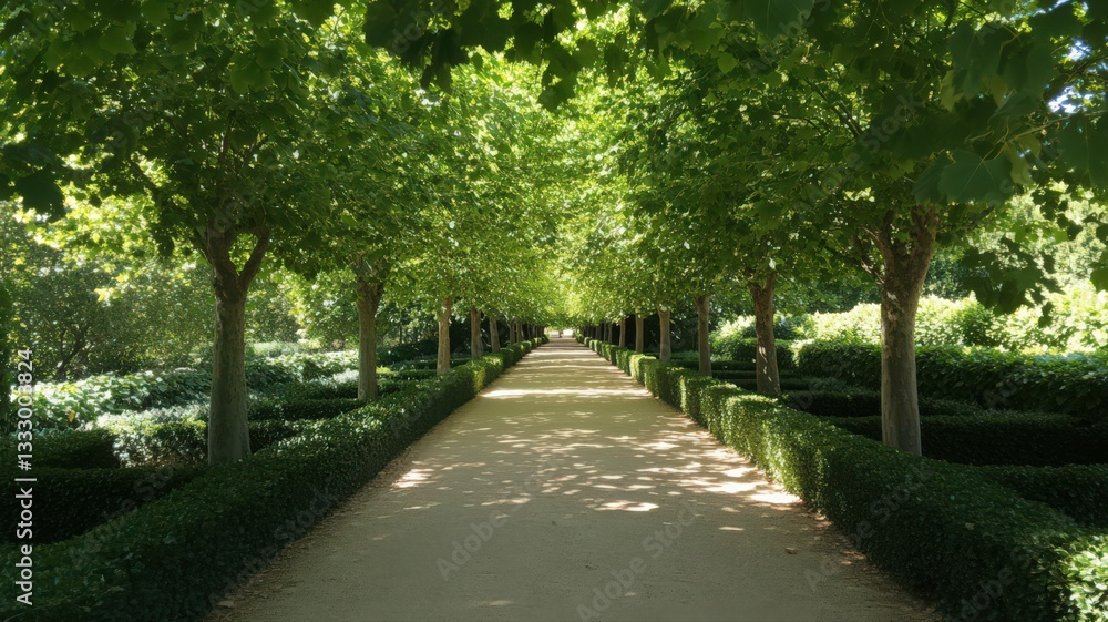 Sun Dappled Path Through Lush Green Garden Sun Dappled Path Through Lush Green Garden