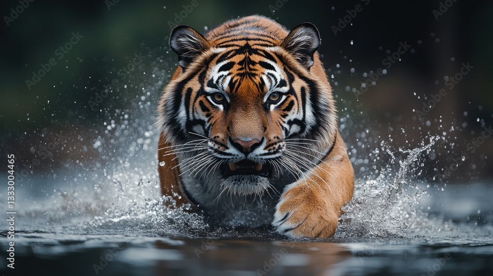 Tiger running through water, powerful action shot in nature Tiger running through water, powerful action shot in nature