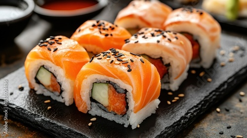 Wallpaper Mural Fresh salmon sushi rolls arranged on a dark slate plate, garnished with black sesame seeds.  Appetizing and ready to eat Torontodigital.ca