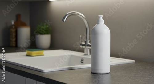 A white bottle of Dishwashing Detergent on a kitchen counter.
