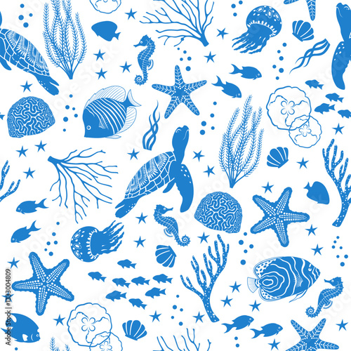 Vector seamless monochromatic blue pattern of marine life on white background.