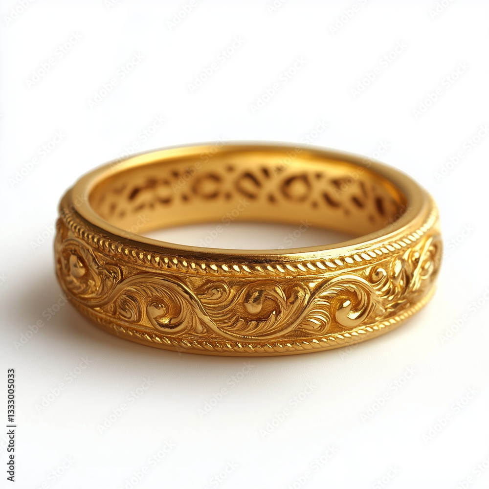 A gold band with intricate carvings, displayed on a sleek surface to highlight exceptional craftsmanship and luxurious design. A gold band with intricate carvings, displayed on a sleek surface to highlight exceptional craftsmanship and luxurious design.