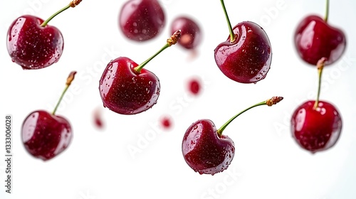 Two ripe red cherries, isolated on white, offer a sweet, fresh summer treat