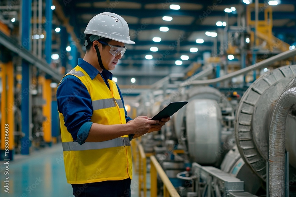 A worker in safety gear observes machinery with a tablet in a manufacturing facility. The environment is filled with equipment and bright overhead lights A worker in safety gear observes machinery with a tablet in a manufacturing facility. The environment is filled with equipment and bright overhead lights