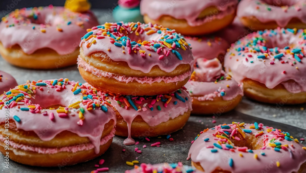 Delicious stacked donuts with pink frosting and colorful sprinkles at a bakery Delicious stacked donuts with pink frosting and colorful sprinkles at a bakery