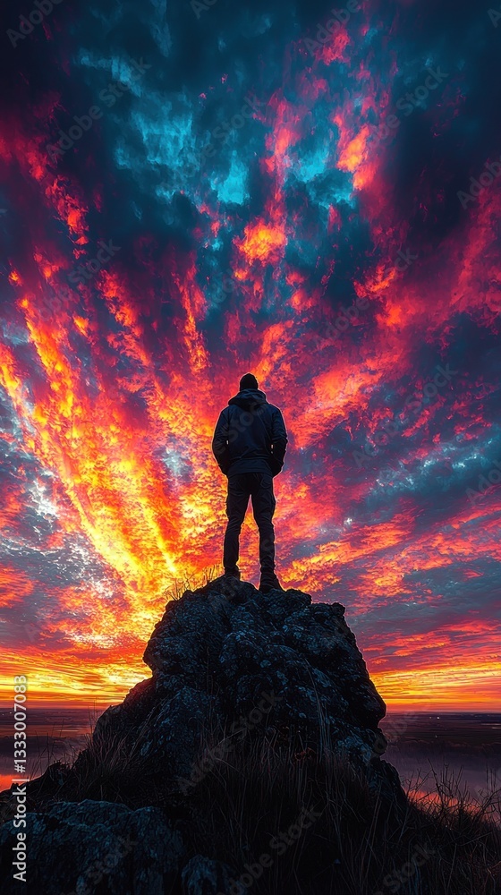 Obraz premium Spectacular sunrise with a man contemplating nature's beauty from a summit