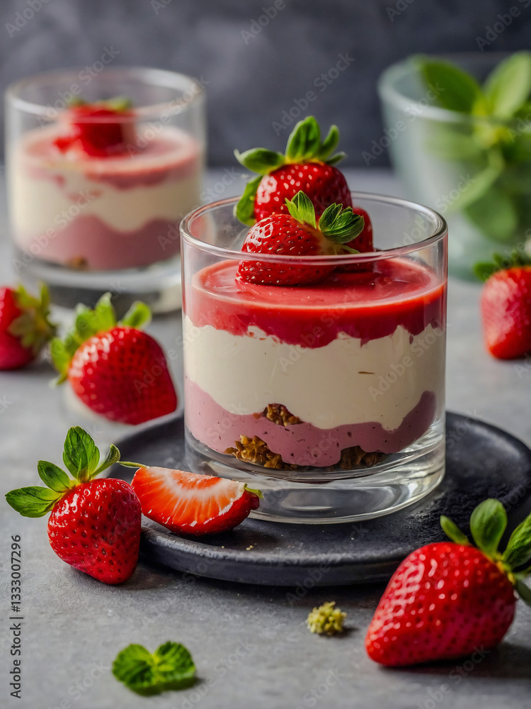 Delicious strawberry panna cotta with garnish Delicious strawberry panna cotta with garnish