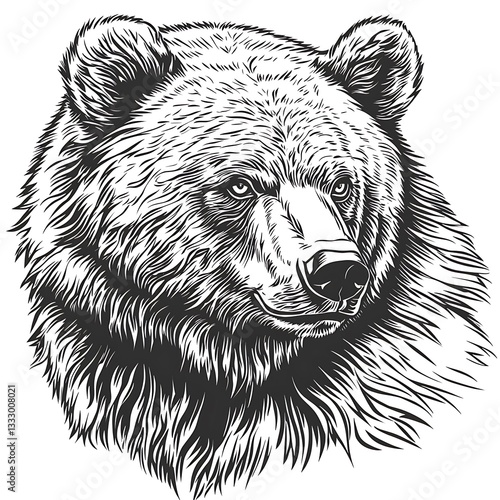 A detailed black and white artistic rendering of a bear head