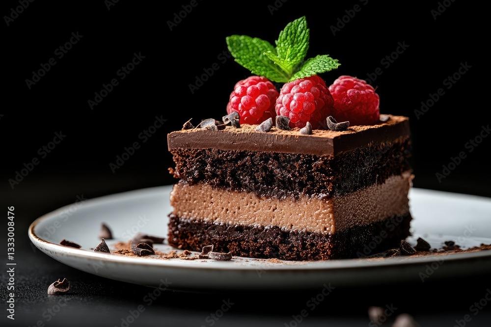 Decadent Chocolate Mousse Cake with Fresh Raspberries and Mint on a Plate Decadent Chocolate Mousse Cake with Fresh Raspberries and Mint on a Plate