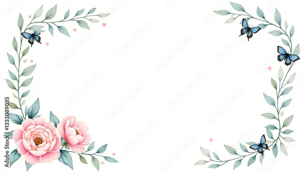 Naklejka premium Artistic botanical border with soft leaves and flowers high resolution photo