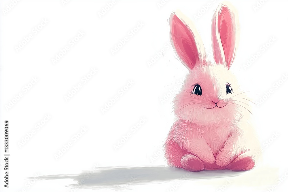 Fototapeta premium A cute pink bunny in kawaii style perches against a crisp white backdrop, radiating charm and whimsy in this delightful 2D art.