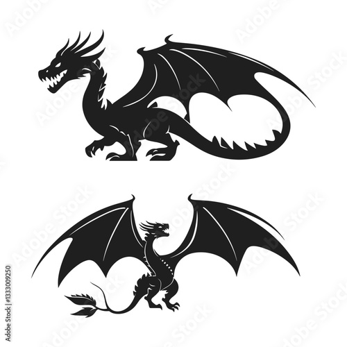 Cute Baby Dragon Silhouettes in Black and White