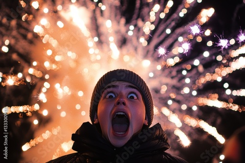 Fireworks illuminate the night sky as a person expresses amazement with wide eyes and an open mouth in vibrant colors Generative AI photo