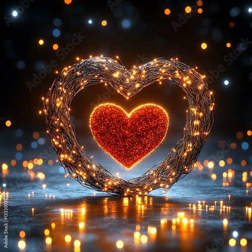 Glowing Heart Wreath for Dark Background.