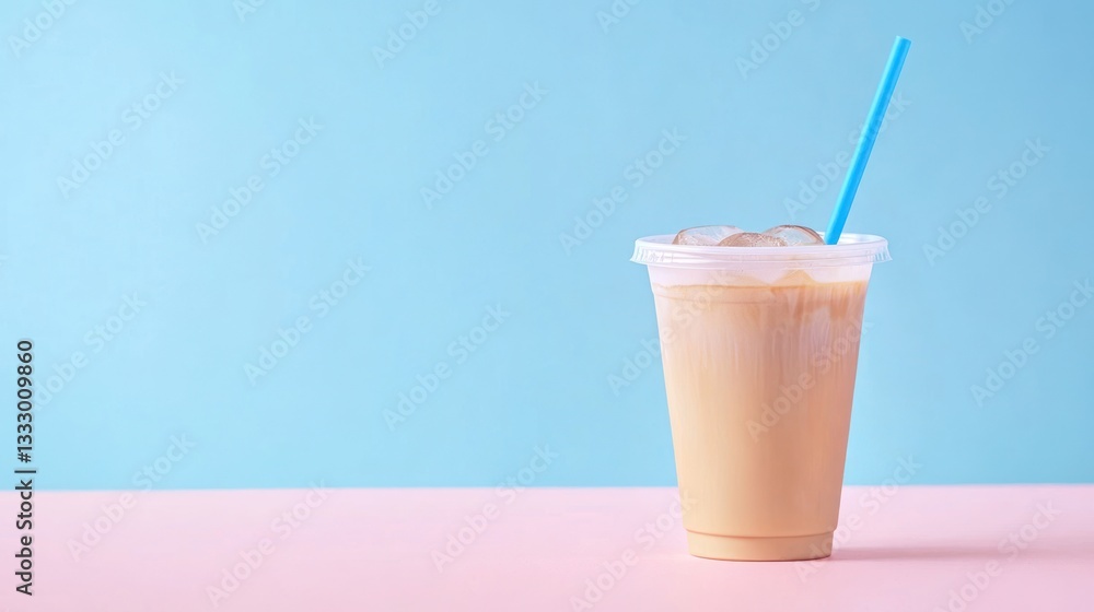 Iced Drink in Plastic Cup on Pink & Blue Background Iced Drink in Plastic Cup on Pink & Blue Background