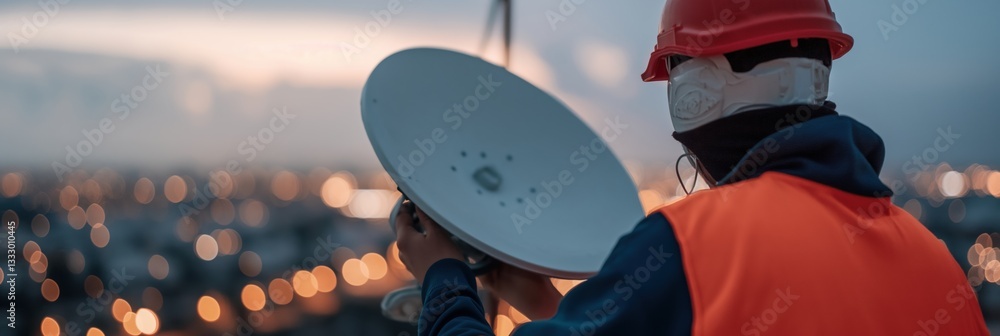 A technician wearing safety gear installs a satellite dish against a stunning sunset backdrop, highlighting the connection between technology and the beauty of nature.