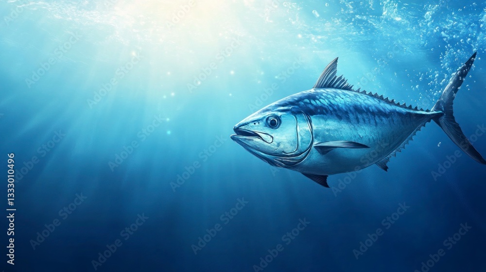 Fototapeta premium Tuna Swimming Gracefully Underwater with Light Rays in Ocean Scenery