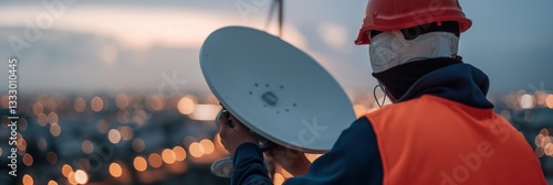 Obraz na płótnie A technician wearing safety gear installs a satellite dish against a stunning sunset backdrop, highlighting the connection between technology and the beauty of nature. w salonie