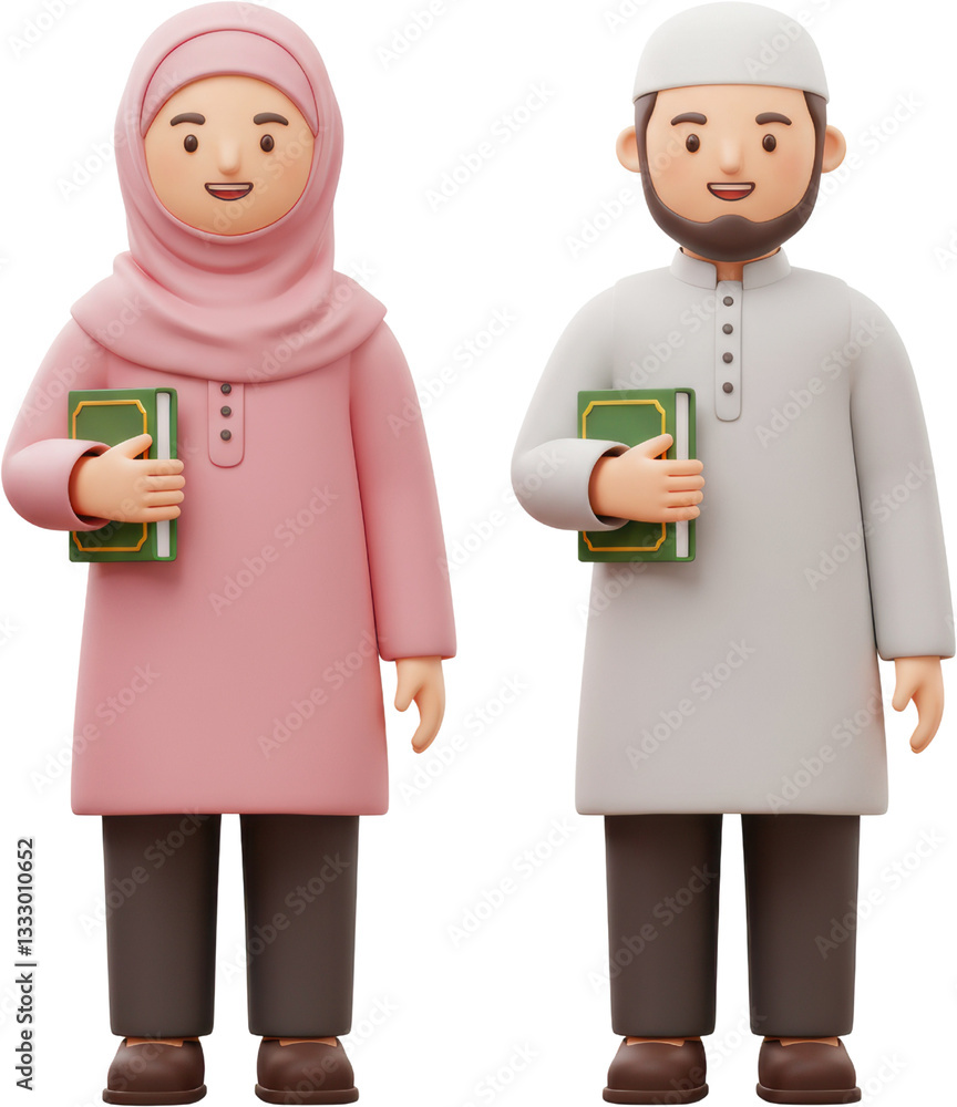 Muslim Couple 3D Cartoon Characters Holding Books Education Islam Religion Muslim Couple 3D Cartoon Characters Holding Books Education Islam Religion