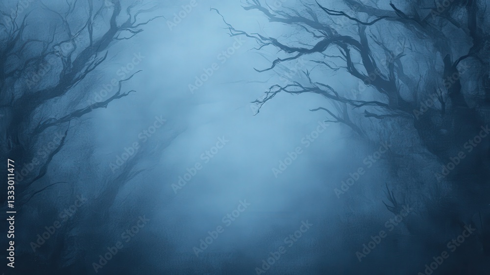 Obraz premium Dark Foggy Forest Path at Night: A Moody Blue Landscape