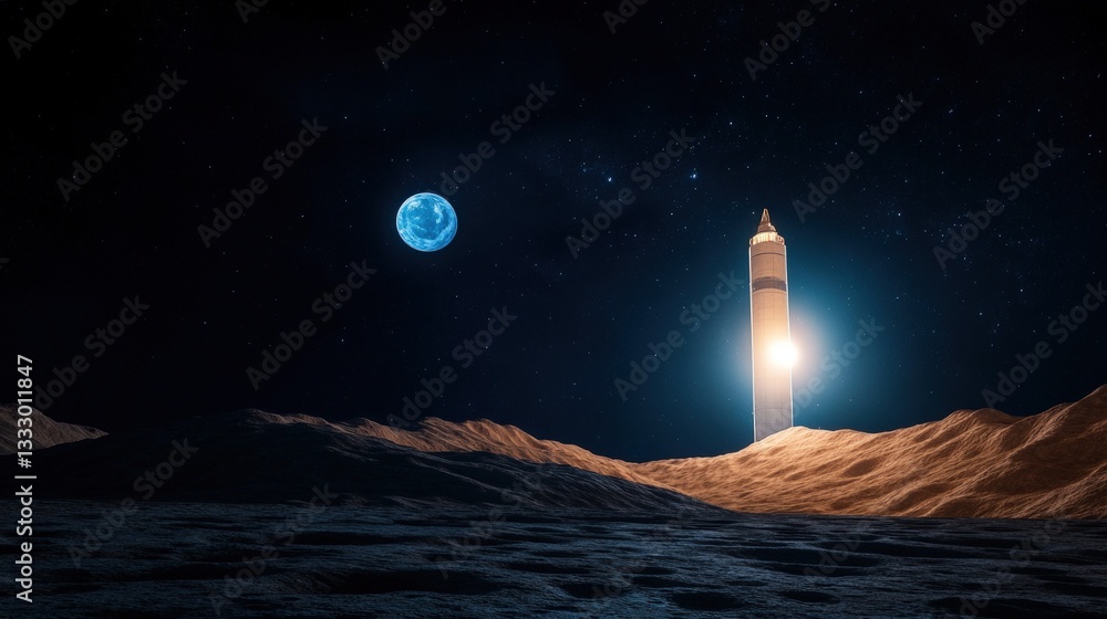 Naklejka premium Lunar launchpad bathed in starlight