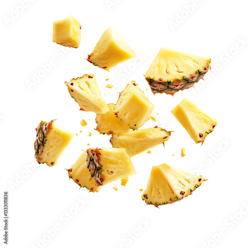 Bright Juicy Pineapple Chunks Flying Through the Air Isolated on Transparent Background