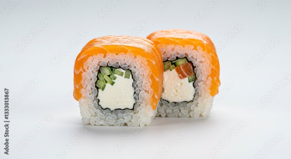 Delicious Salmon Philadelphia Sushi Rolls Close up View Japanese Cuisine Creamy Cheese Filling