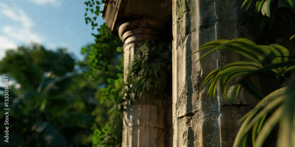 Fototapeta premium Overgrown ancient columns exhibit nature reclaiming its territory, merging architecture with lush greenery that tells a story of time and resilience.
