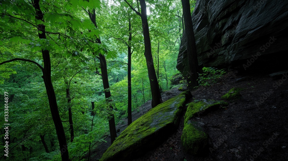 Fototapeta premium Lush forest floor with mossy rock face