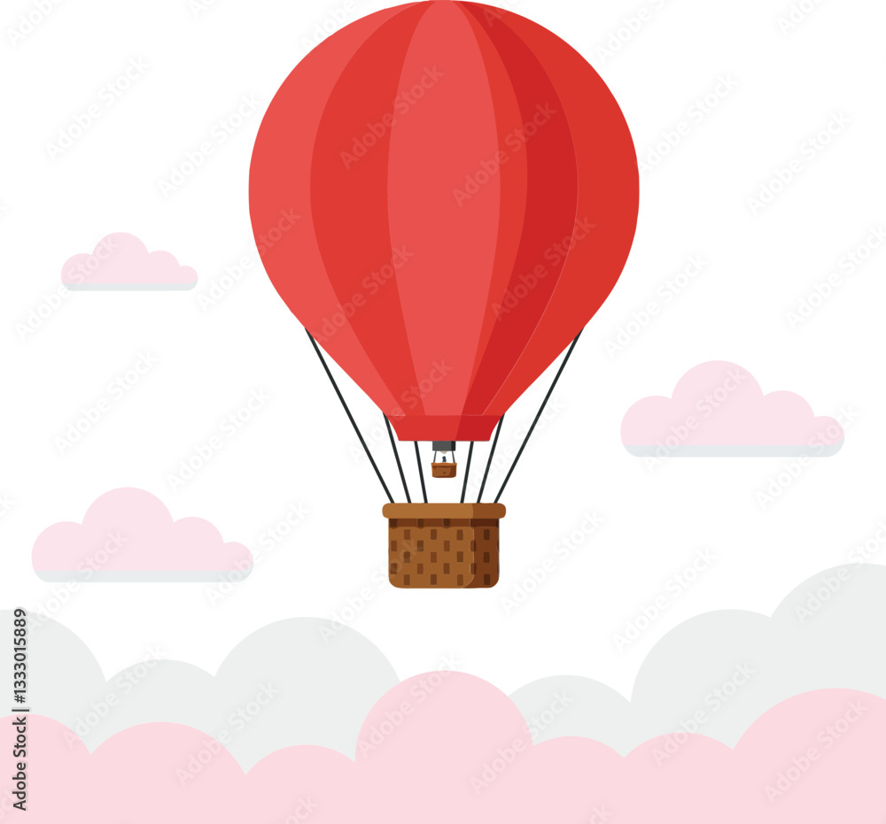 Bright red hot air balloon soaring above fluffy pink clouds in a minimal and cheerful design style vector illustration