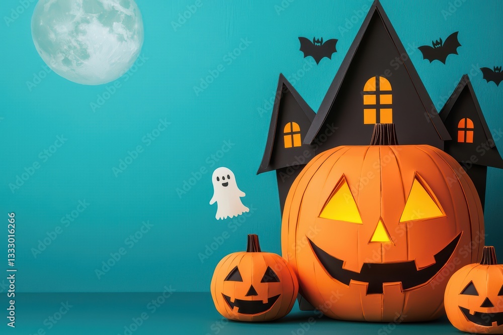 Spooky and Playful Halloween Scene with Pumpkin, Ghost, and Haunted House at Night Spooky and Playful Halloween Scene with Pumpkin, Ghost, and Haunted House at Night