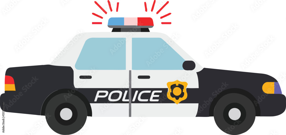 Fototapeta premium Police car with flashing lights in a flat design style showcasing law enforcement and security in vector art