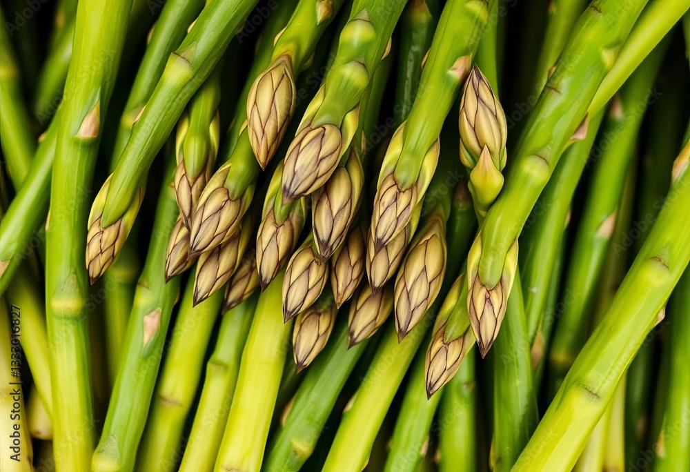 Fototapeta premium Vibrant green asparagus spears, tightly clustered, showcasing texture and detail, bright, raw