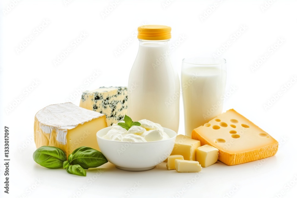 A variety of dairy products neatly arranged against a white background. A bottle of milk, a bowl of yogurt, cheese slices, butter, the freshness and natural quality of the products A variety of dairy products neatly arranged against a white background. A bottle of milk, a bowl of yogurt, cheese slices, butter, the freshness and natural quality of the products
