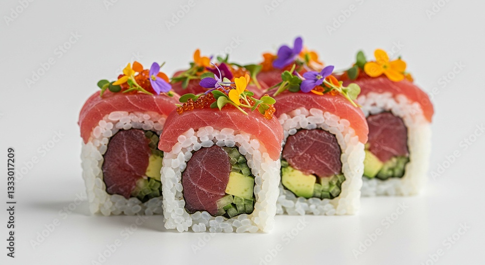Gourmet Tuna Sushi Rolls with Edible Flowers Japanese Cuisine Close Up Gourmet Tuna Sushi Rolls with Edible Flowers Japanese Cuisine Close Up