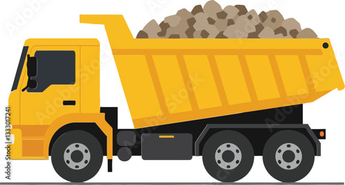 Yellow dump truck loaded with rocks in a flat design style showcasing construction and transportation themes in vector art