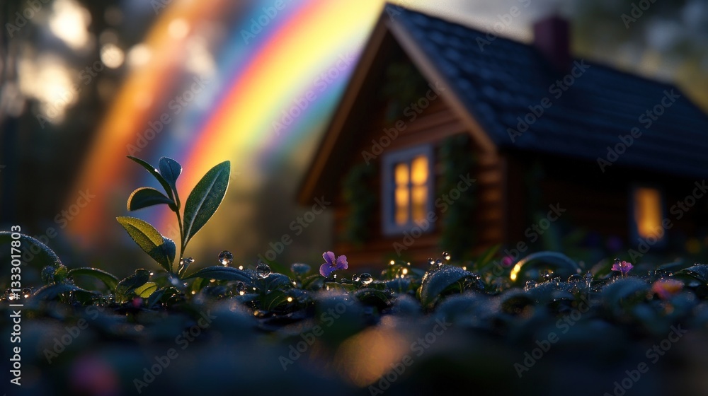 Fototapeta premium A small, cozy cabin nestled in a lush, dewy forest with a vibrant rainbow in the background. A new life sprouts, signifying hope and wonder