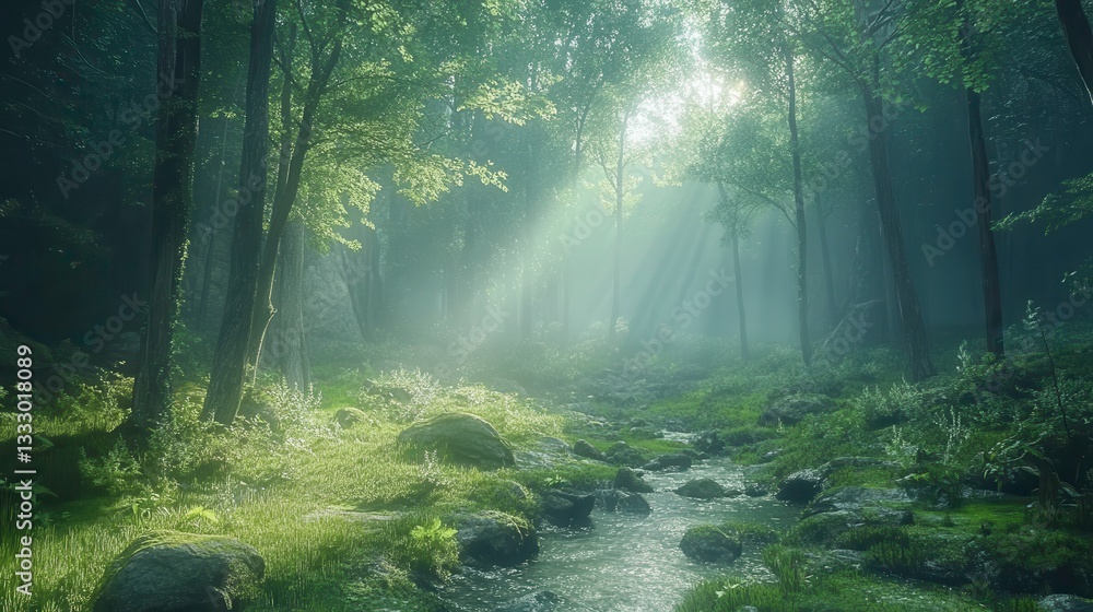 Obraz premium Serene stream flowing through lush forest nature photography tranquil environment sunlit viewpoint
