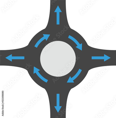 Intersection roundabout symbol with directional arrows in a flat and minimal design style, showcasing traffic flow dynamics in vector art