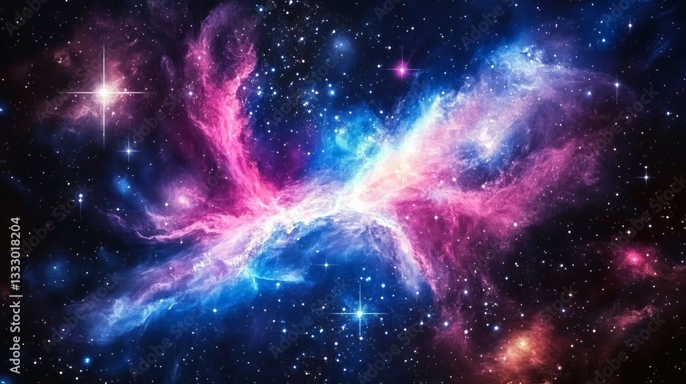 Fototapeta premium Cosmic Nebula Colorful Galaxy Starscape Background Pink Blue Purple Space Digital Art Universe Astronomy Night Sky Stellar Celestial Fantasy Dreamy 