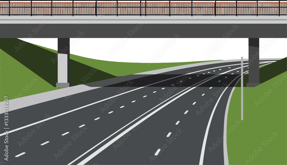 A detailed highway scene featuring a modern overpass with flowing lanes and green hills in a minimal design style, illustrating vector art