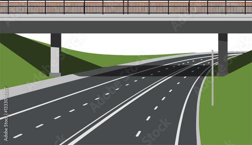 Obraz na płótnie A detailed highway scene featuring a modern overpass with flowing lanes and green hills in a minimal design style, illustrating vector art w salonie