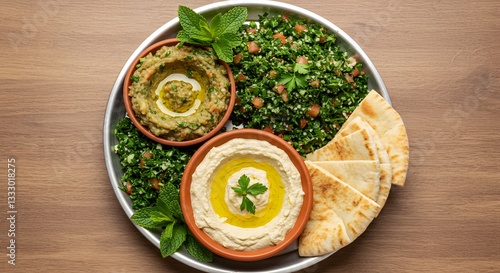 Delicious mediterranean mezze platter with hummus baba ghanoush tabbouleh and pita bread dip oil food