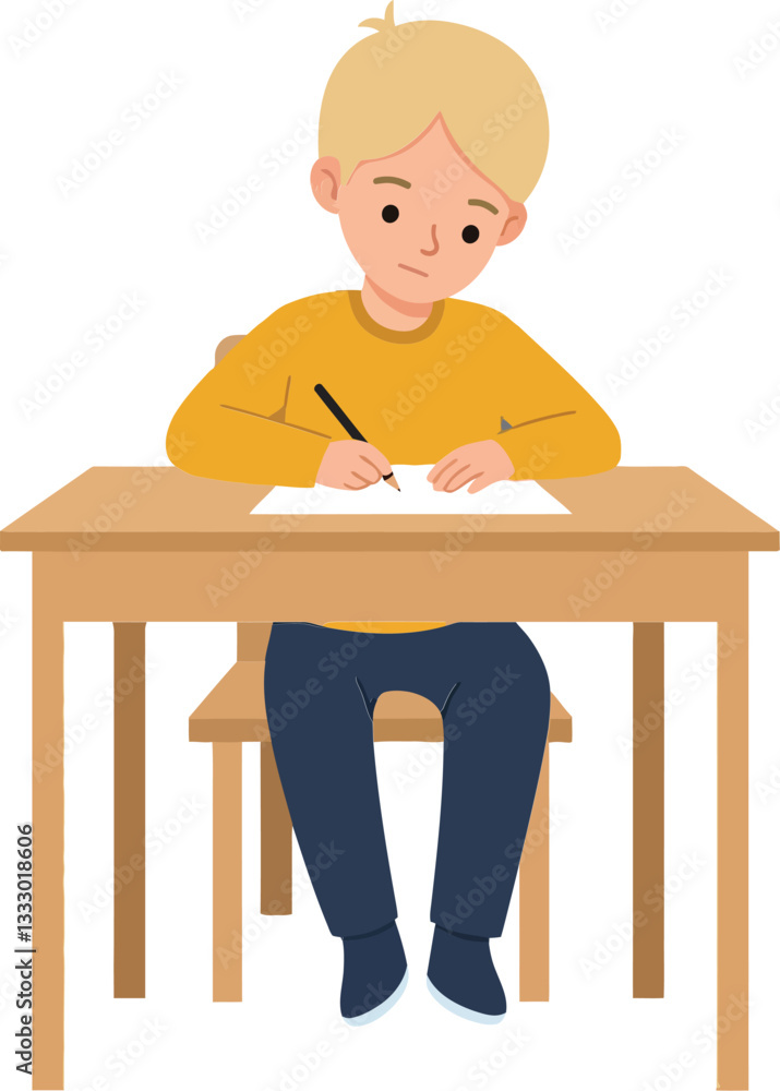 A young boy sitting at a wooden desk in a bright room, sketching with a pencil in a flat vector illustration A young boy sitting at a wooden desk in a bright room, sketching with a pencil in a flat vector illustration