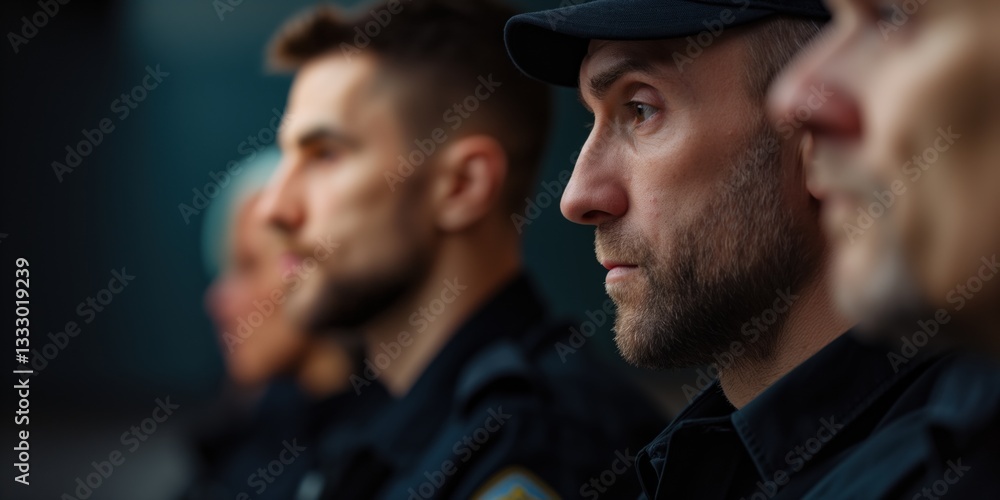 Fototapeta premium A row of police officers dressed in uniform portray a serious demeanor, highlighting professionalism, duty, and the commitment to public safety and community service.