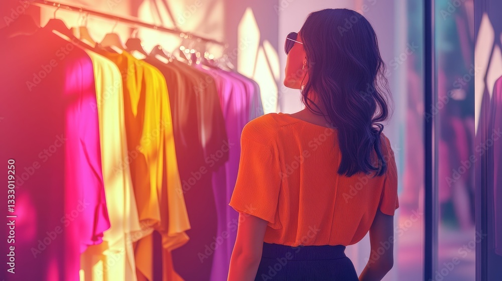 Fototapeta premium Woman shopping looking at colorful clothes.
