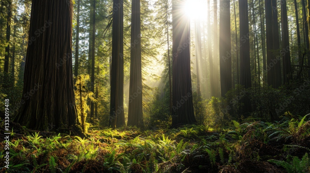 Obraz premium Sunlight Piercing Serene Redwood Forest with Lush Green Ferns and Misty Atmosphere