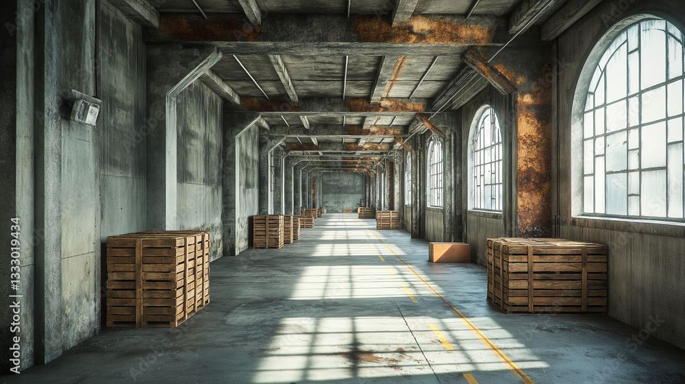 Deserted warehouse with wooden crates and scattered boxes
Deserted warehouse with wooden crates and scattered boxes