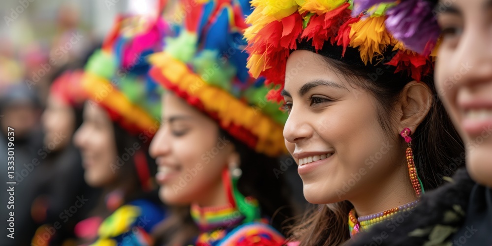 Fototapeta premium A vibrant scene showcasing participants in colorful traditional attire, celebrating culture and community at a lively festival with joy and unity evident in their expressions.