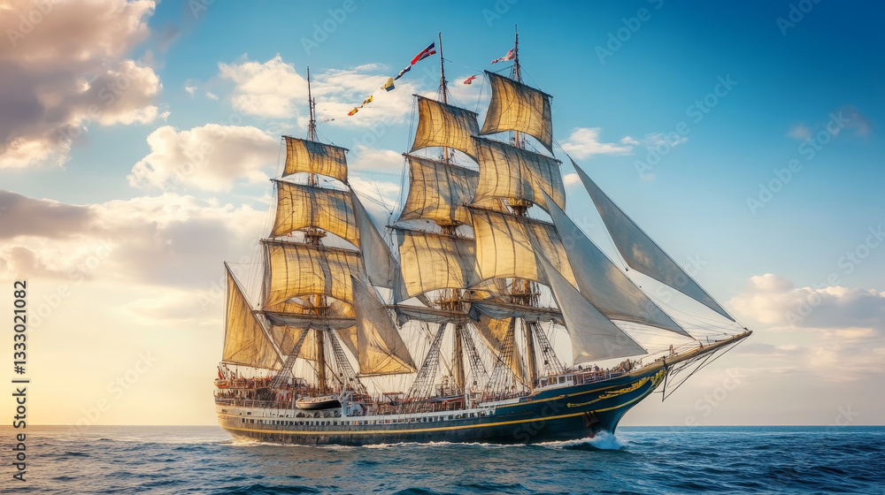 Large four masted sailboat gliding across the sea with billowing sails, showcasing a side view of the sleek hull and vibrant sails in a minimal flat design Large four masted sailboat gliding across the sea with billowing sails, showcasing a side view of the sleek hull and vibrant sails in a minimal flat design